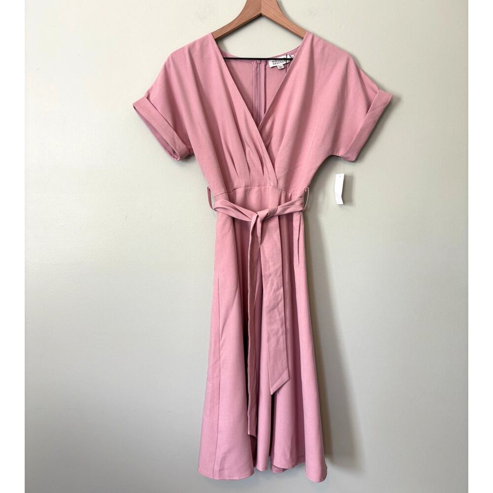 Molly Bracken NWT Pink Faux Wrap Midi Dress XS Pleated Belted V-Neck New